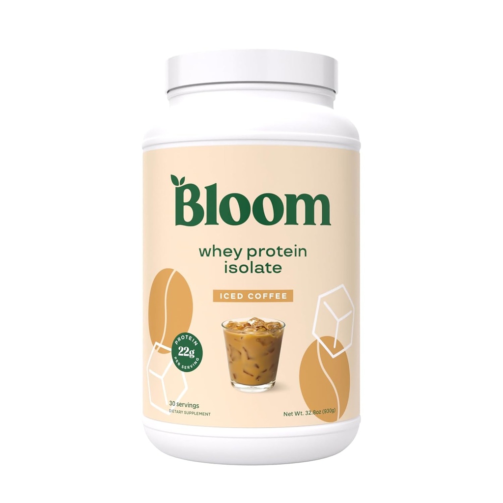 Bloom Nutrición Whey Isolate Protein Powder, Café helado - Pure Iso Post Recuperación Bebida Blend, Smoothie Mix con Enzymes Digestivos para Gut Health - Baja Carb, Keto & Zero Sugar Añadido
