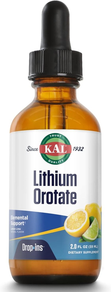 KAL Lithium Orotate Dropins, Chelated | Mood & Relaxation Support | Natural Lemon Lime Flavor | 2oz, Approx. 60 Serv.