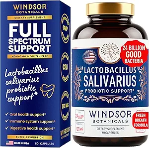 Lactobacillus Salivarius Probiótico - 24bn CFU L Salivarius Probióticos Dentales para dientes y gomas - Tratamiento de mal aliento para adultos, Apoyo Inmunitario, Salud Digestiva - 60 cápsulas Probióticas Orales