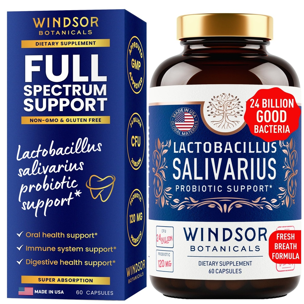 Lactobacillus Salivarius Probiótico - 24bn CFU L Salivarius Probióticos Dentales para dientes y gomas - Tratamiento de mal aliento para adultos, Apoyo Inmunitario, Salud Digestiva - 60 cápsulas Probióticas Orales