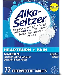 Alka-Seltzer Heartburn + Dolor Efervescente Aspirina + Tabletas de ácido, Rescate rápido de acidez y alivio de la indigestión ácido, Alivio del dolor con aspirina, 72 Ct