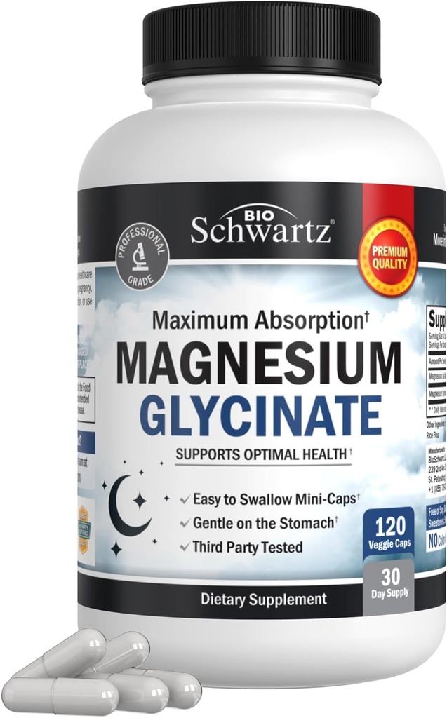 BioSchwartz Magnesium Glycinate 500mg Capsules (120 Mini Caps) Maximum Absorption Magnesium Supplement for Healthy Nerves Muscles Heart Mood and Sleep Support (Vegan, Gluten-Free, Non-GMO)