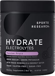 Sports Research® Hydrate Electrolytes Powder - Sin azúcar &amp; naturalmente saboreado con vitaminas, minerales y agua de coco - Soporta hidratación - Pasión Fruta - 90 Servimientos