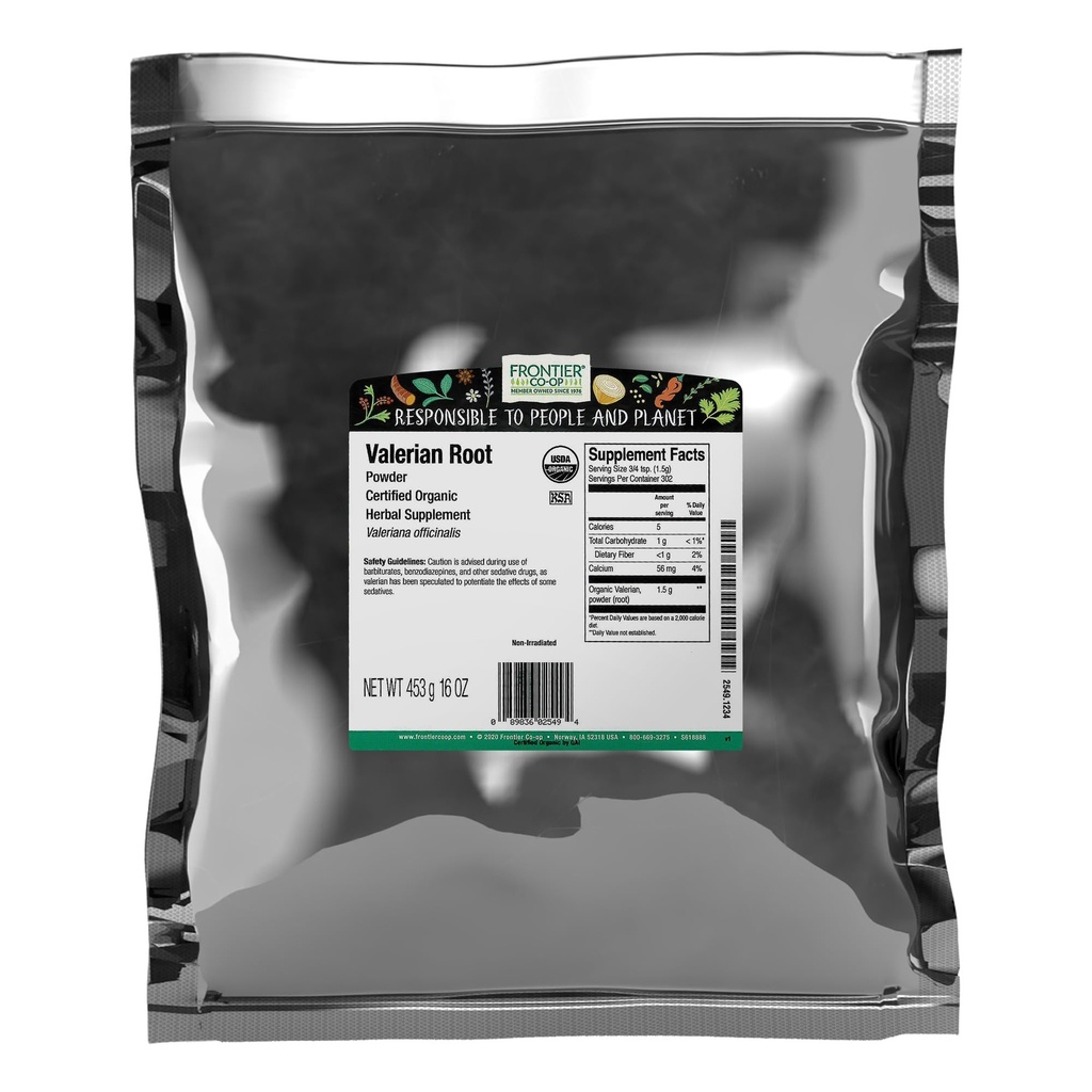 Frontier Co-op Organic Valerian Root Powder, 1lb Bulk Bag - Natural Dried Valerian Root Powder - Ideal for Teas and Herbal Uses, Kosher