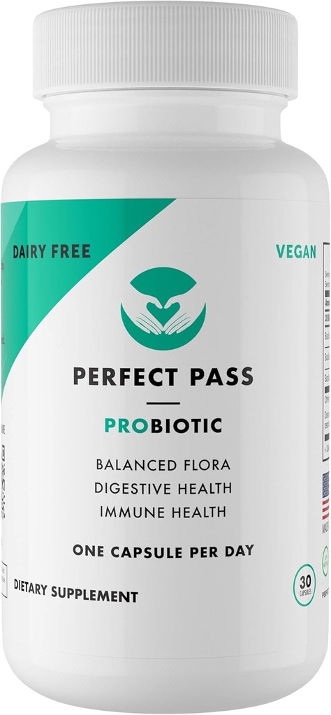 PERFECTO PASS Probiótico, Natural Bacillus Spore Estrenos Humanos con tasa de supervivencia 100% a través de ácido estomacal y bilis para Gut y Bienestar Digestivo, Vegetariano, 30 cápsulas