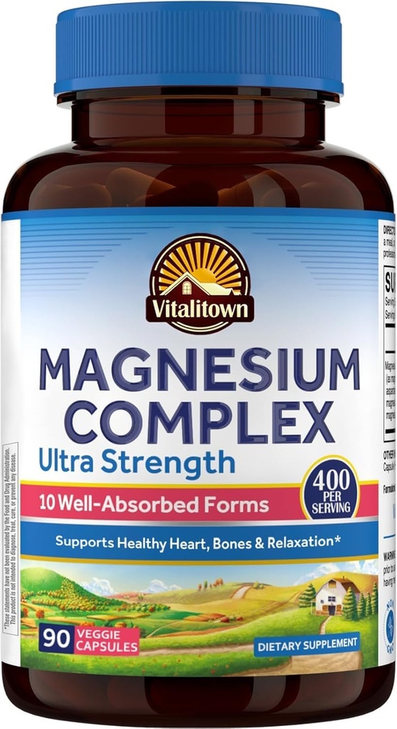 Vitalitown 10 en 1 Magnesium Complex Suplemento - 400mg Magnesio Elemental Chelated with Glycinate, Citrate, Malate, Taurate &amp; More - for Sleep Heart Energy - Non-GMO, Vegan, 90 Caps