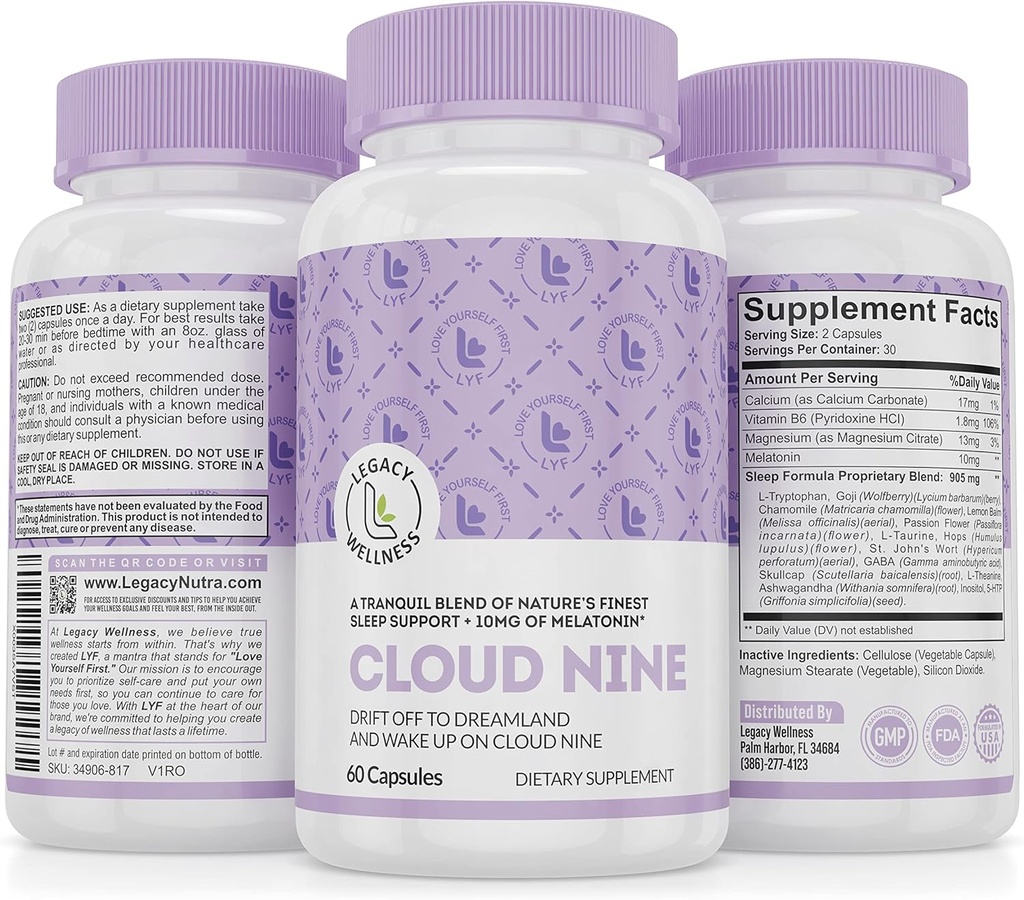 Nube 9 - Todos los suplementos de ayuda natural para el sueño - Relajando la vitamina &amp; Herbal Fórmula - 10mg Melatonin Calcium Magnisium L-Theanine 5-HTP GABA St. John's Wort Ashwagandha Chamomile &amp; Más 60 cápsulas veganas