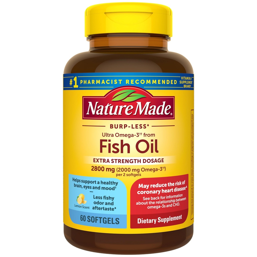 Nature Made Extra Strength Omega 3 Fish Oil Supplements, 2800mg, Fish Oil Omega 3 Suplementos como Ethyl Esters para el corazón sano, Cerebro, Ojos, Mood Support, 60 Softgels, 30 Day Supply