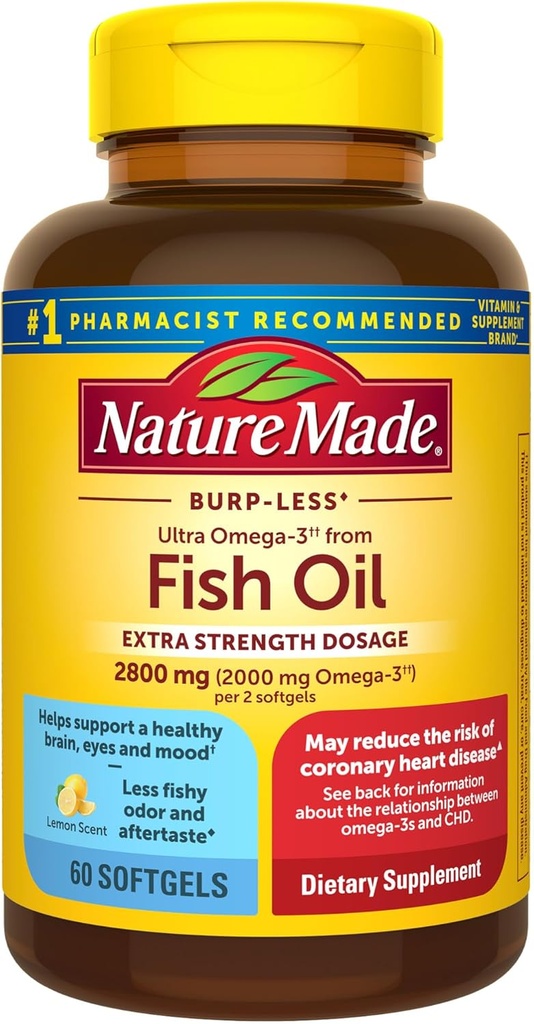 Nature Made Extra Strength Omega 3 Fish Oil Supplements, 2800mg, Fish Oil Omega 3 Suplementos como Ethyl Esters para el corazón sano, Cerebro, Ojos, Mood Support, 60 Softgels, 30 Day Supply