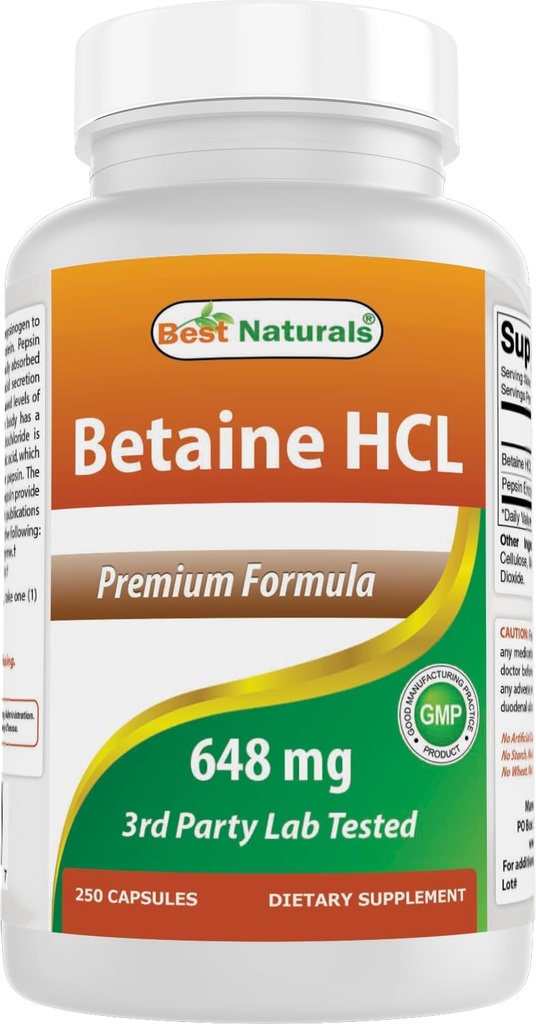 Mejores Naturales Betaine HCL 648 mg 250 cápsulas