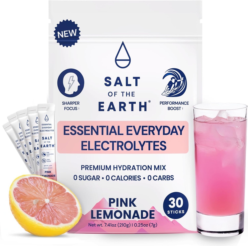 Salt of the Earth Premium Zero-Sugar Electrolyte - Made with Pink Himalayan Salt - Hydration Powder Packets ← Ingredientes Premium TEN Keto & Paleo Friendly TEN 30 Sticks, Pink Lemonade