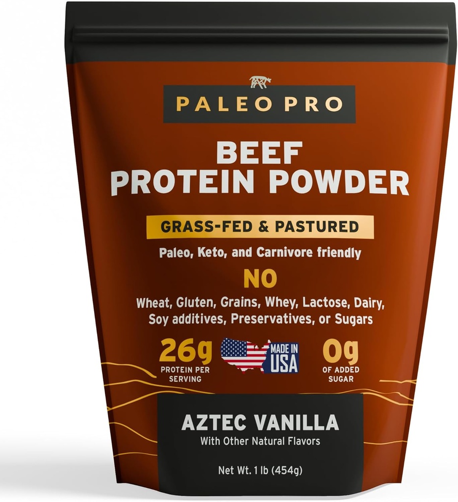Paleo Pro 26G Beef Protein Powder - Grass Fed Protein Powder Isolate - Pure Animal Based Pastured " Cage-Free TEN Dairy " Gluten Free, Natural " Clean Proteins for Paleo " Keto - 15 Days Supply Vanilla
