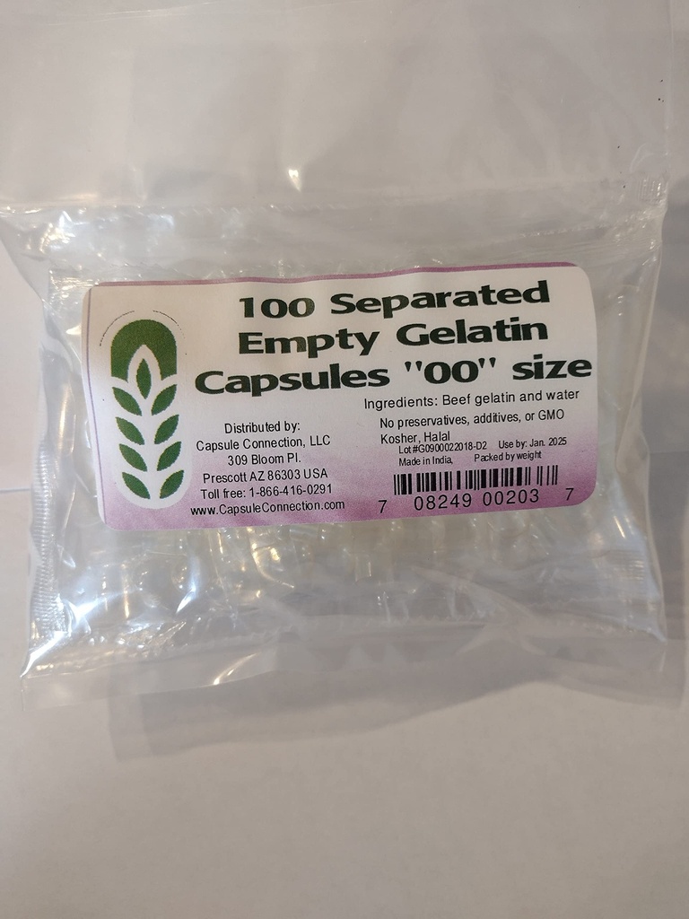 Capsule Connection 100 Separated Empty Gelatin Capsules, "00" Size, 100 Count Bag