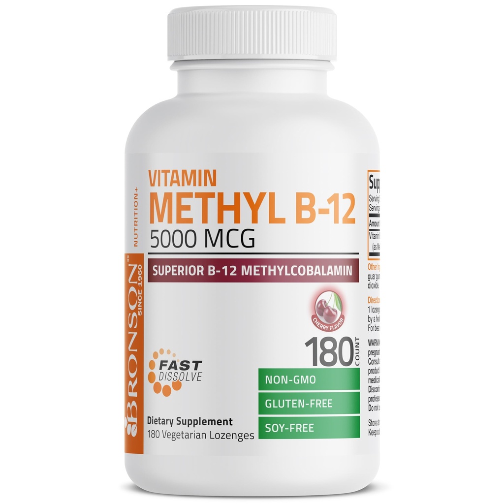 Bronson Methyl B12 5000 mcg Vitamin B12 Methylcobalamin Energy & Brain Support, 180 Lozenges