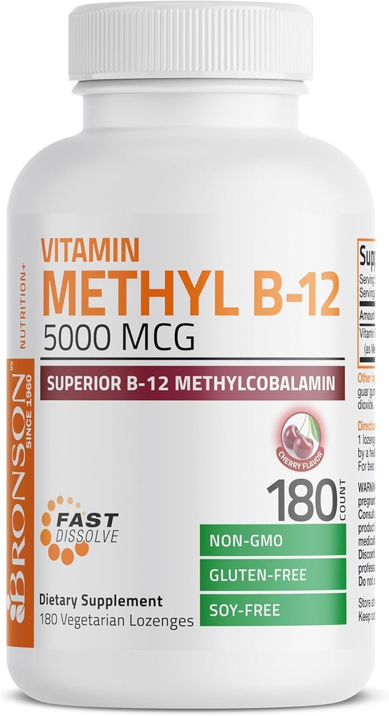 Bronson Methyl B12 5000 mcg Vitamina B12 Methylcobalamin Energy & Brain Support, 180 Lozenges