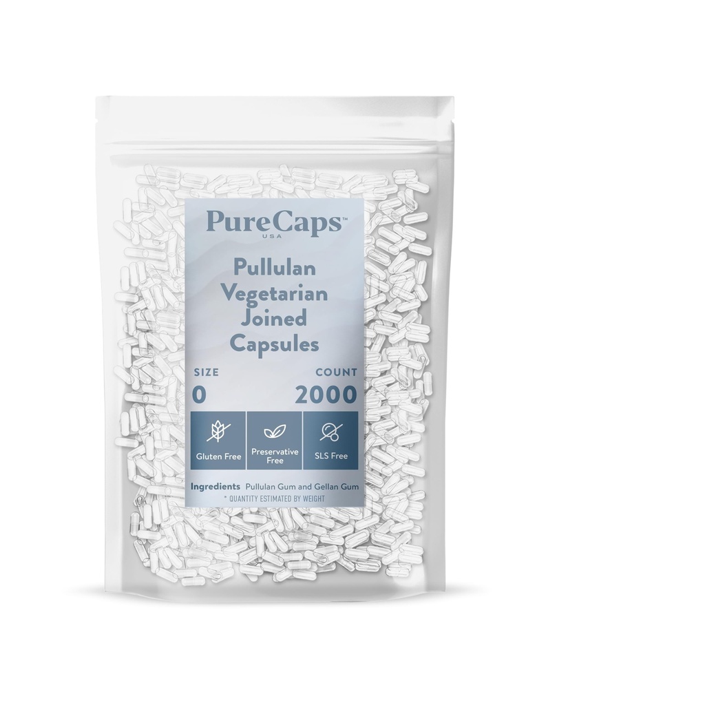 PureCaps USA - Empty Vegetarian Vegan Pullulan Pill Capsules Size 0| 2,000 Joined Pills| Clear| Non-GMO Certified | SLS, Gluten, Preservative Free
