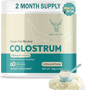 OXNUTRITION Colostrum Powder for Gut Health, Immune Support, Muscle Recovery, Hair &amp; Beauty ← Pure Gress Fed Bovine Colostrum for Humans, Natural IgG, Unflavored, 60 Servings