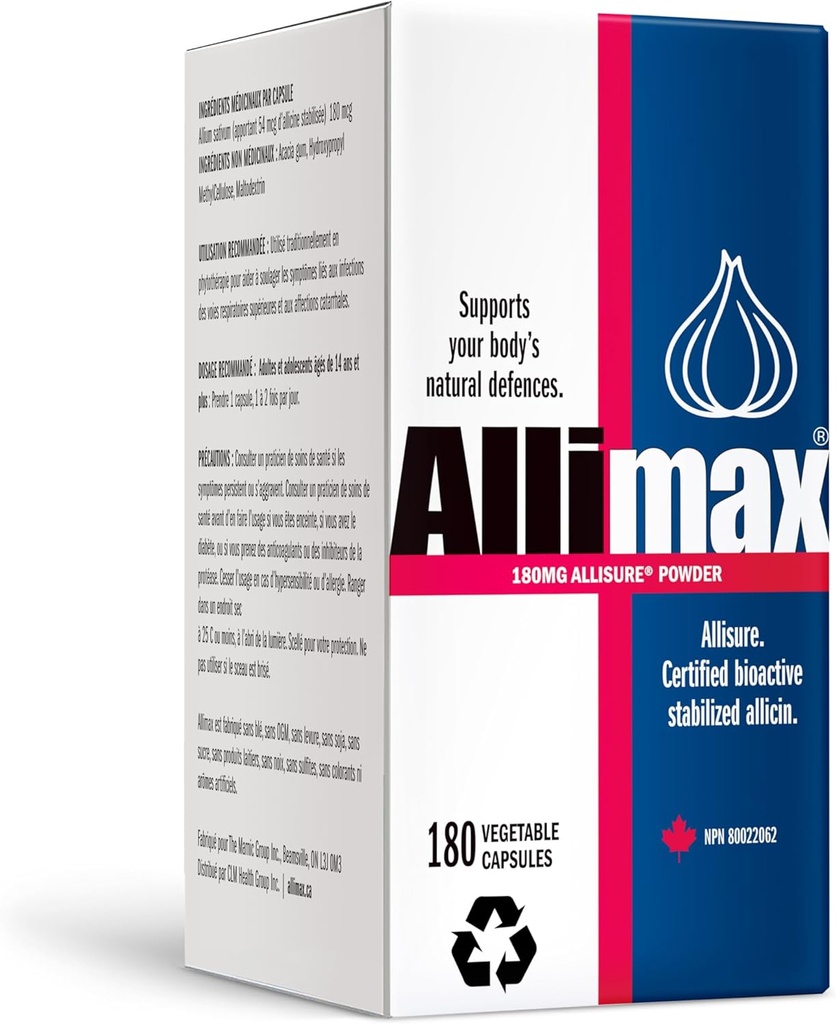 Allimax 180mg 180 Capsules. Soporta la función inmune de su cuerpo a través de la alicina natural, un compuesto de organosulfuros de potencial extraído del ajo cultivado español limpio y sostenible.