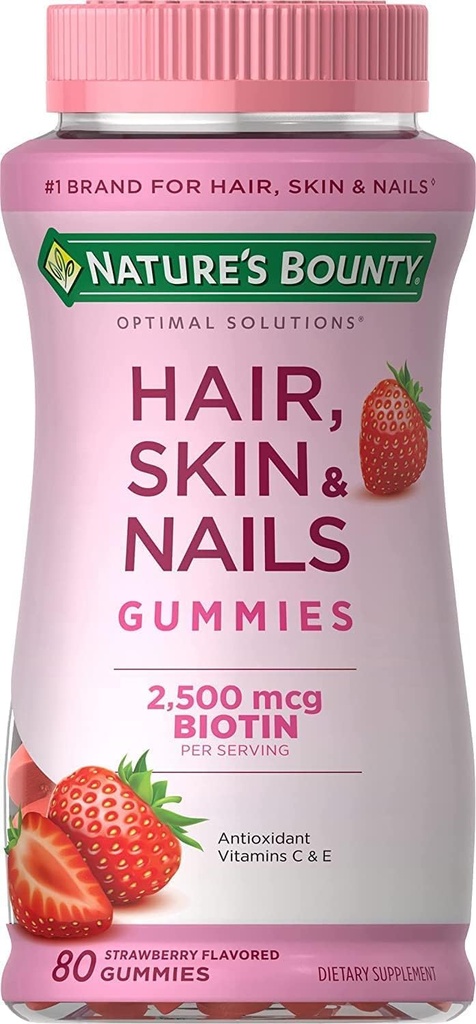 Bounty Optimal Solutions Hair, Skin & Nails with Biotin Strawberry Flavored - 80 Gummies, Pack de 5