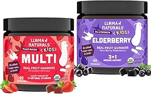 Llama Naturals Niños Gummies multivitamínicos + Elderberry Gummies Bundle tención No Añadido Cana de Azúcar Silencio Vegan Silencio Orgánica Silencioso 2 Botellas