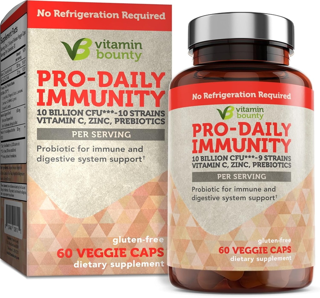 Vitamina Bounty Pro-Daily Probiotic - 10 Billones CFU Blend, Zinc &amp; Vitamina C para Salud Digestiva, Apoyo Inmunitario Prebioitcs y Probióticos para Mujeres y Hombres - 60 cápsulas