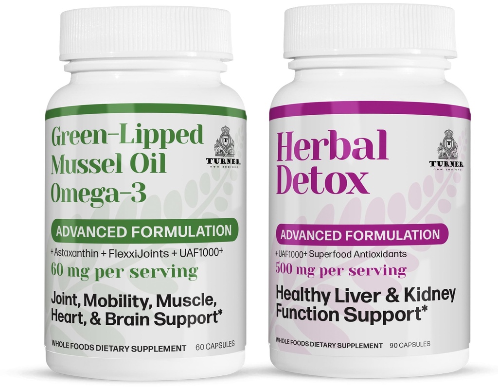 TURNER New Zealand Omega-3 Green Lipped Mussel Oil, 53x Higher Potency for Superior Joint Comfort & Mobility, No Fishy Aftertaste, 1 Bottle, 60 Softgels Plus 1 Bottle of Herbal Detox