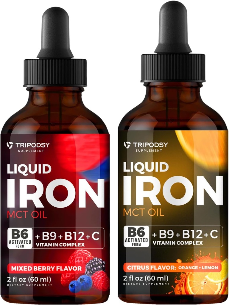 Suplemento de hierro líquido, gotas de hierro, mujeres y hombres, B6, B9, B12, vitamina C, anemia, constructor de sangre, folato, célula de sangre roja, apoyo inmunológico, aceite MCT, citrus, baya mixta