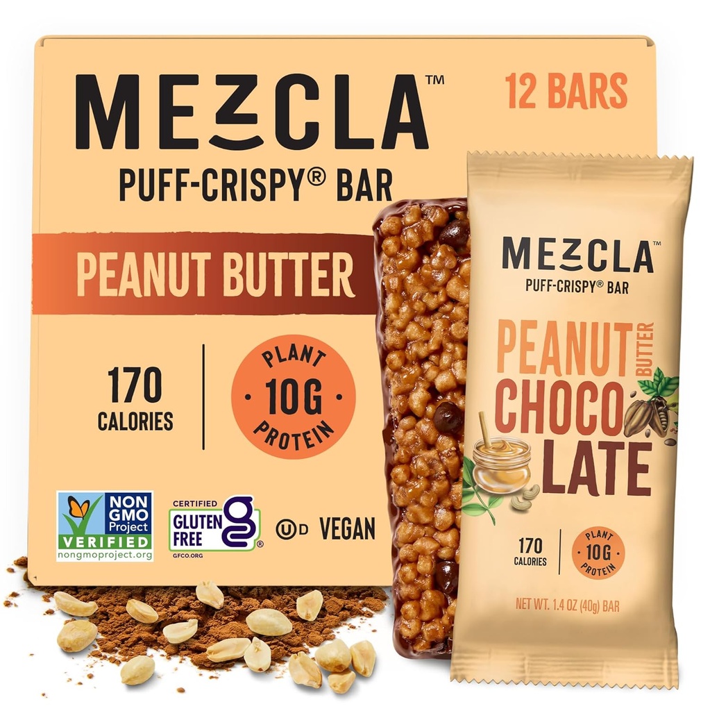 Mezcla Puff Crispy Protein Bares, Gluten Gratis &amp; Vegan Protein Bares, 10g Protein, Alt for Crispy Rice Treat, Granola Bares &amp; Bares de desayuno, Snacks saludables para adultos, mantequilla de maní Chocolate, 12 Pack