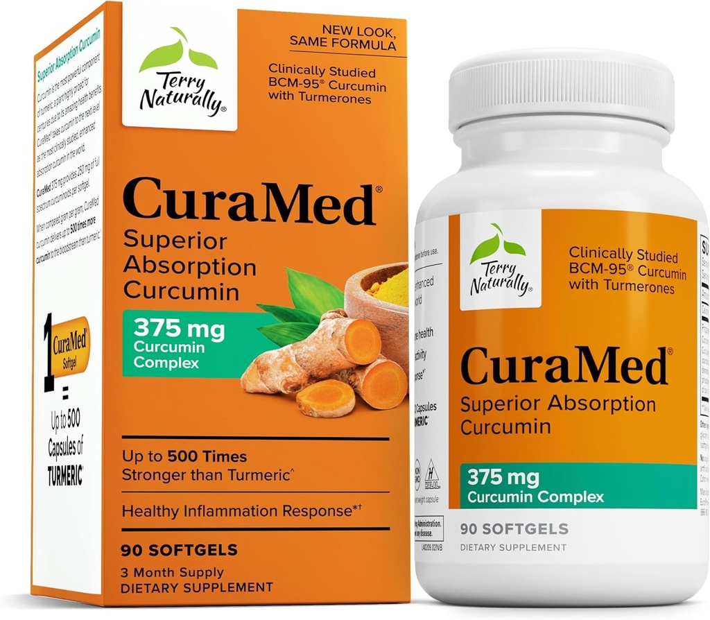 Terry Naturalmente CuraMed 375mg - Suplemento Antioxidante para Cerebro &amp; Inmuno Health Support - Suplemento dietético con Curcumin &amp; Turmeric Essential Oil - Herbal Liver Support - 90 Softgels