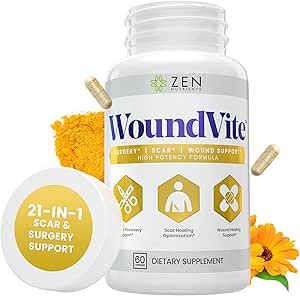 Nutrientes Zen WoundVite Pre " Post Surgery Support, Scar " Wound Care, Scar Treatment, Plastic " General Surgery, Heal Faster " Aids in Recovery Time w/Bromelain, Turmeric " Arnica - 60 Vegan Caps
