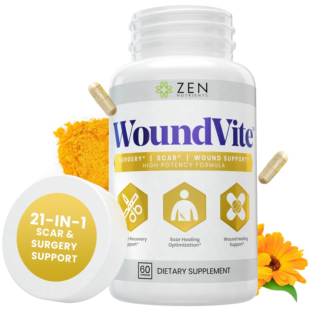 Zen Nutrients WoundVite Pre & Post Surgery Support, Scar & Wound Care, Scar Treatment, Plastic & General Surgery, Heal Faster & Aids in Recovery Time w/Bromelain, Turmeric & Arnica - 60 Vegan Caps