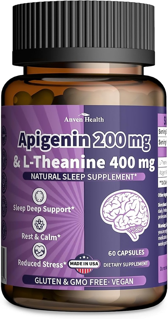 400mg L-Theanine con 200mg Apigenin Suplemento para la relajación natural del sueño &amp; Stress Relief - Gluten Free,No-GMO, Zero Fillers - Hecho en EE.UU.