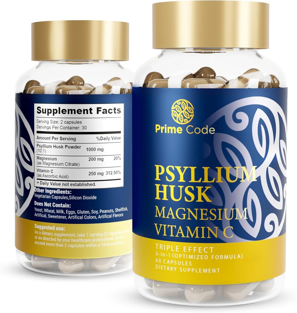 Prime Code [ 3 in 1] Psyllium Husk Capsules with Magnesium Citrate and Vitamin C Silencio Psyllium Husk Capsules 1000mg ← Magnesium Citrate 200mg  Vitamin C 250mg ← Non-GMO Silencio Gluten &amp; Soy Free ← Vegan