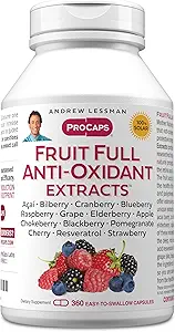 ANDREW LESSMAN Fruit Full Anti-Oxidant Extracts 360 Capsules - 14 Natural Fruit and Berry Extracts. Arándano, arándano, semillas de uva, granada, resveratrol y más. Fácil de intercambiar cápsulas