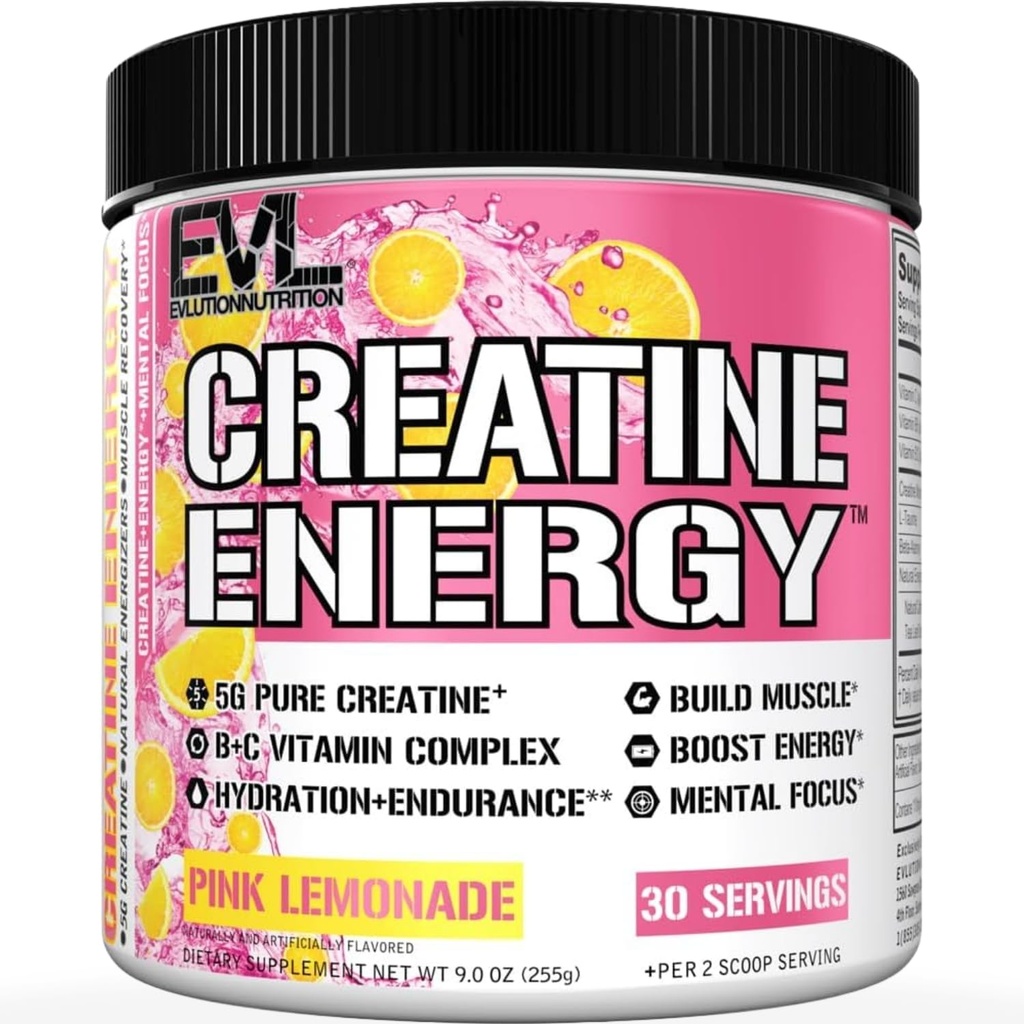 Evlution Nutrition Creatine Energy - Supports Muscle Growth, Boosts Energy, Endurance & Cognition - 5g Pure Creatine Monohydrate Per Serving - B + C Vitamin Complex - 30 Servings - Pink Lemonade