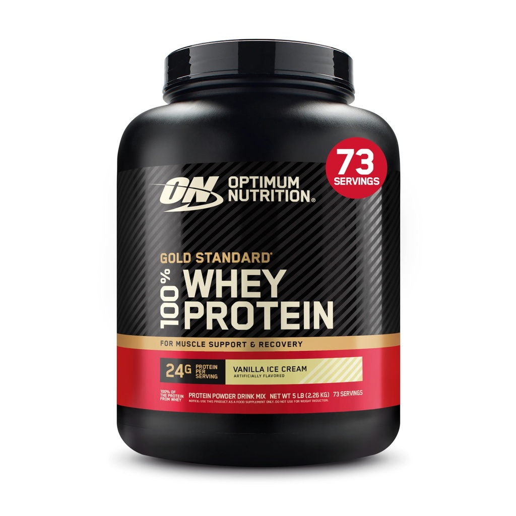 Optimum Nutrition Gold Standard 100% Whey Protein Powder, Vainilla Ice Cream, 5 libras (Packaging May Vary)