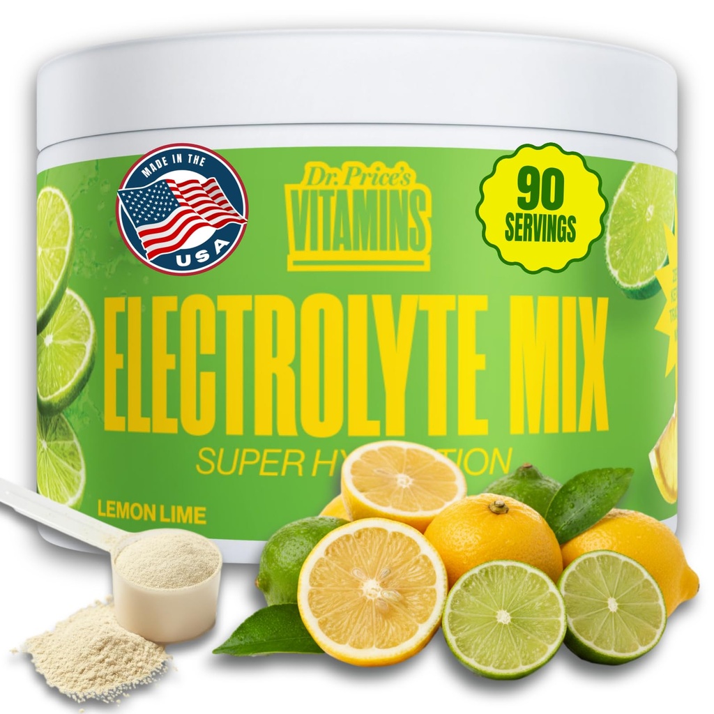Dr. Price's Electrolyte Mix ← Polvo de hidratación libre de azúcar con 72+ Trace Minerals ← No Azúcar, Electrolitos de resolución rápida Embalajes de polvo ← Lemon-Lime, 90 Servimientos