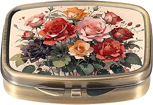 Dynippy Pill Case Pill Box with Mirror Retro Pocket 2 Compartment Medicine Case Vitamin Pill Organizer for Pocket Purse and Travel (Cute Flower)