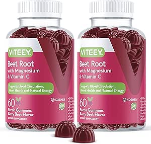 Viteey Beet Root Gummies con Magnesio & Vitamina C - Suplemento de Beetroot para la salud del corazón, la presión arterial Soporte - Vegan, sin gluten - 120 Conde