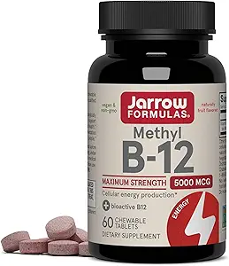 Jarrow Formulas Maximum Strength Methyl B-12 5000 mcg, Dietary Supplement for Cellular Energy Production and Brain Health Support, 60 Cherry-Flavored Chewable Tablets, 60 Day Supply, Pack of 12