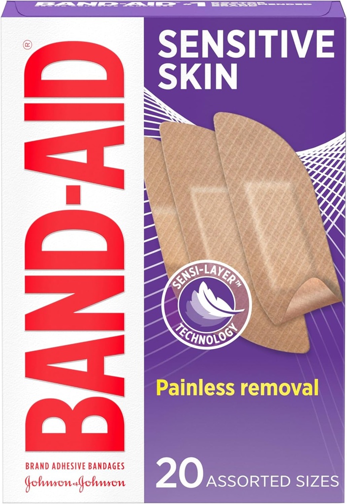 Bandajes adhesivos de marca de banda para piel sensible, bandas de primeros auxilios hipoalergénicos con eliminación sin dolor, permanece en cuando húmedo y adecuado para piel de prono Eczema, estéril, surtido, 20 ct