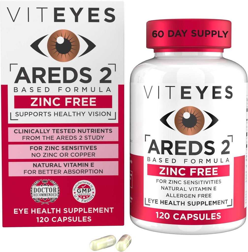 Viteyes AREDS 2 Zinc Free Macular Support, Natural Allergen Free Capsules with Vitamin E, Vitamina C, Lutein & Zeaxanthin, No Zinc, No Copper, Eye Doctor Trusted, Manufactured in The USA, 120 Ct
