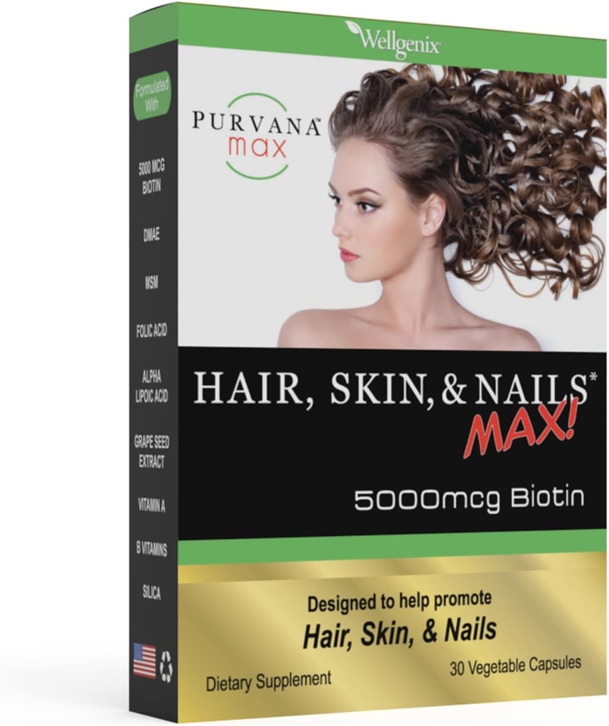 Wellgenix Purvana Max Hair, Skin y Nails Vitamina - Doble Fuerza Biotina 5000 MCG, VIT A &amp; B, Ácido Fólico, Extracto de semillas de uva - Suplemento de soporte para el cabello -30 cápsulas (Pack of 1)
