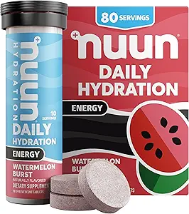 Nuun Energy Electrolyte Tablets with Ginseng, Caffeine from Green Tea Extract, Vitamina B12, B6, B5, Magnesium &amp; 4 Otros Electrolytes, Gluten Free & Vegan, Watermelon Burst, 8 Pack (80 Servings Total)