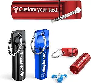 2Pcs Keychain Pill Holder, Personalization Large Capacity Waterproof Travel Pill Organizer Pill Container Custom Small Pill case with Text for Outdoor Camping Travel Gifts (Black)