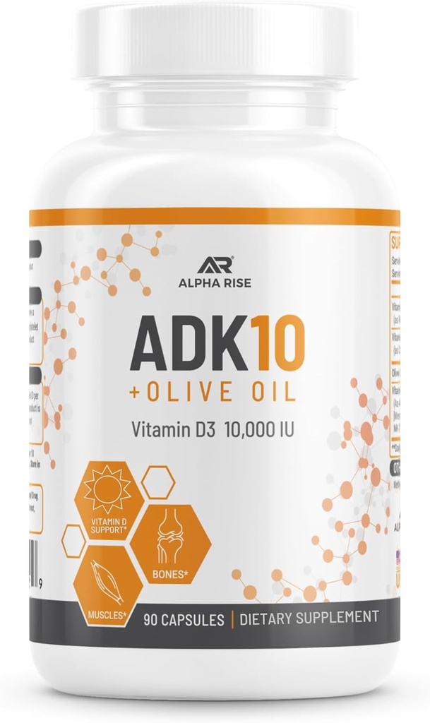 ADK 10 Suplemento de vitaminas + aceite de oliva para una mejor absorción - con vitaminas A + D3 (10.000 iu) + K2 (MK7+MK4) - 90 cápsulas - Vegetariano - No GMO