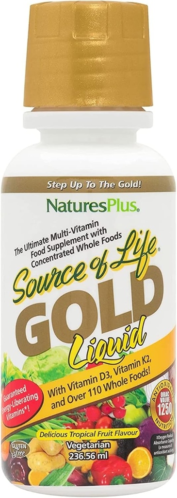 Natures Plus Fuente de Vida Gold Multivitamin Liquid - 8 oz - con Vitaminas D3, B12 & K2 - Sangre, Hueso &amp; Soporte Inmunitario - Vegetariano &amp; Gluten Gratis - 8 Servimientos