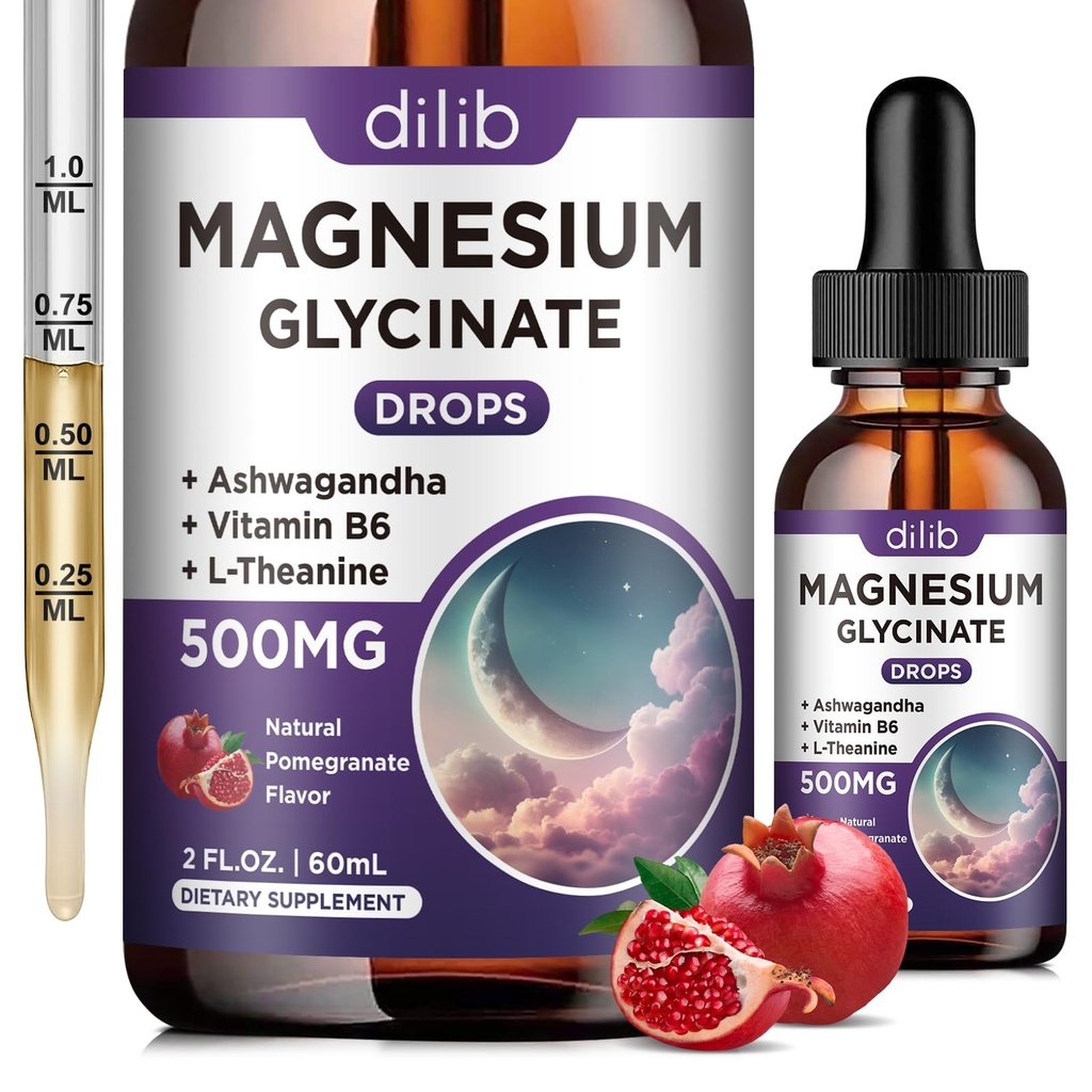 Magnesium Glycinate Liquid Drops 500mg, with Vitamin B6, Ashwagandha, L - Theanine, Chamomile, Magnesium Glycinate Supplement High Absorption for Sleep, Stress, Energy, Mood - Pomegranate Flavor