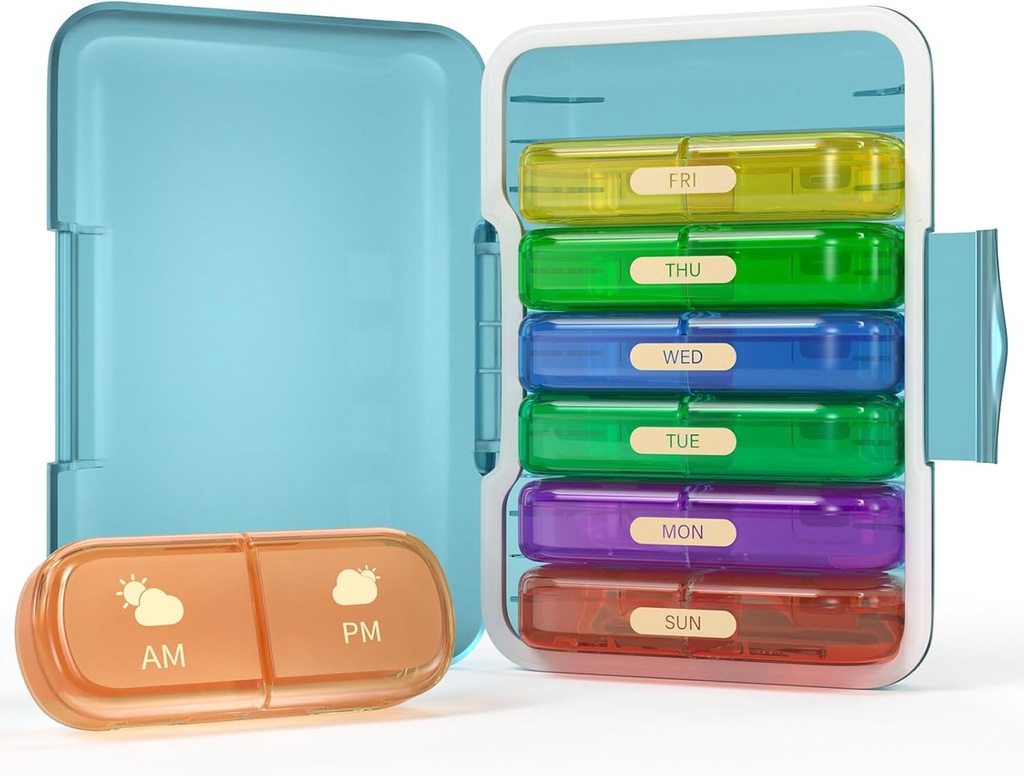 Organizador semanal de píldoras 2 veces al día, 7 días Pill Box 2 veces, portátil para caja de carga de viaje para píldoras/Vitamin/Fish Oil/Medication/Supplements (2x7 Blue+Rainbow)
