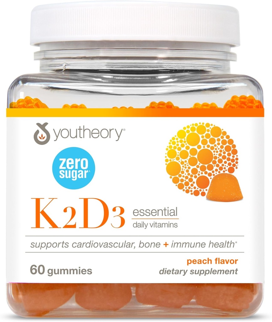 Teoría K2D3 - Bone & Heart Health Support* - Combina Vitamina D3 &amp; Vitamina K2 - Lácteos, Soy &amp; Gluten Gratis - Peach, 60 Gummies Vegetarianas